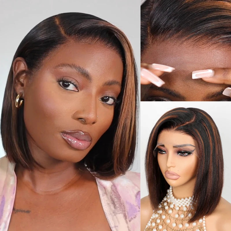 Flash Sale Highlight Bob Yaki Straight Human Hair 180% Density Pre Bleached Tiny Knots Glueless Wig - Image 4