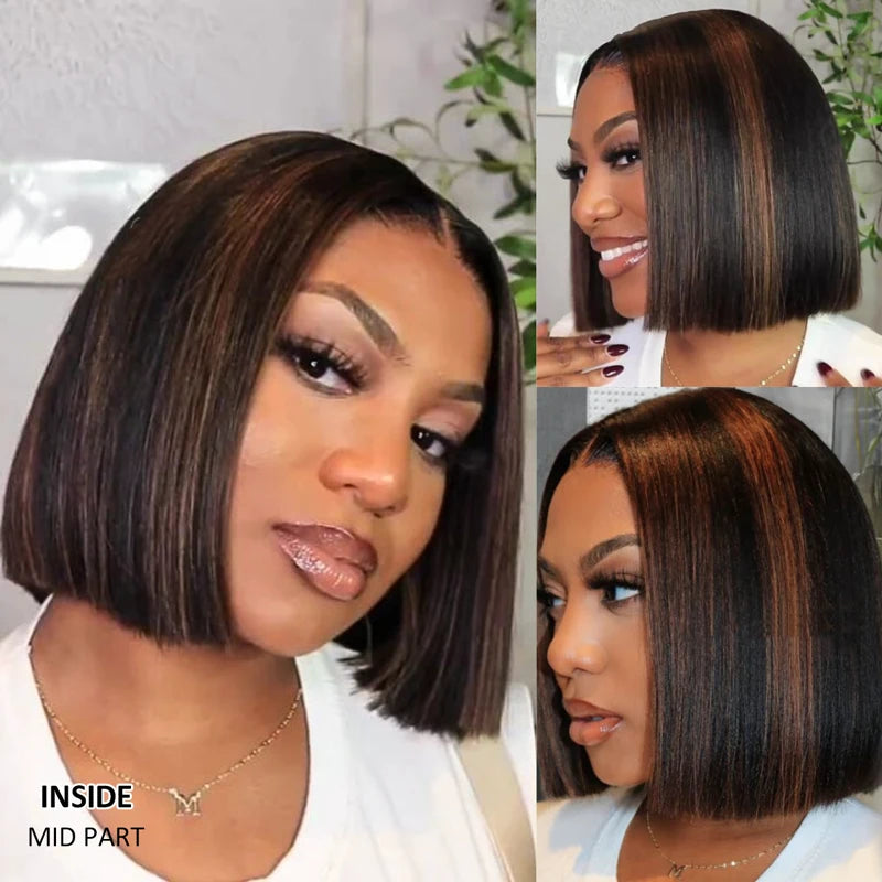 Flash Sale Highlight Bob Yaki Straight Human Hair 180% Density Pre Bleached Tiny Knots Glueless Wig - Image 2