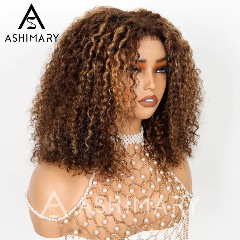 Highlight Color Pixie Curly Bob Ombre Honey Brown 5x5 Lace Closure Trendy Bouncy Curly Human Hair Wig - Image 3