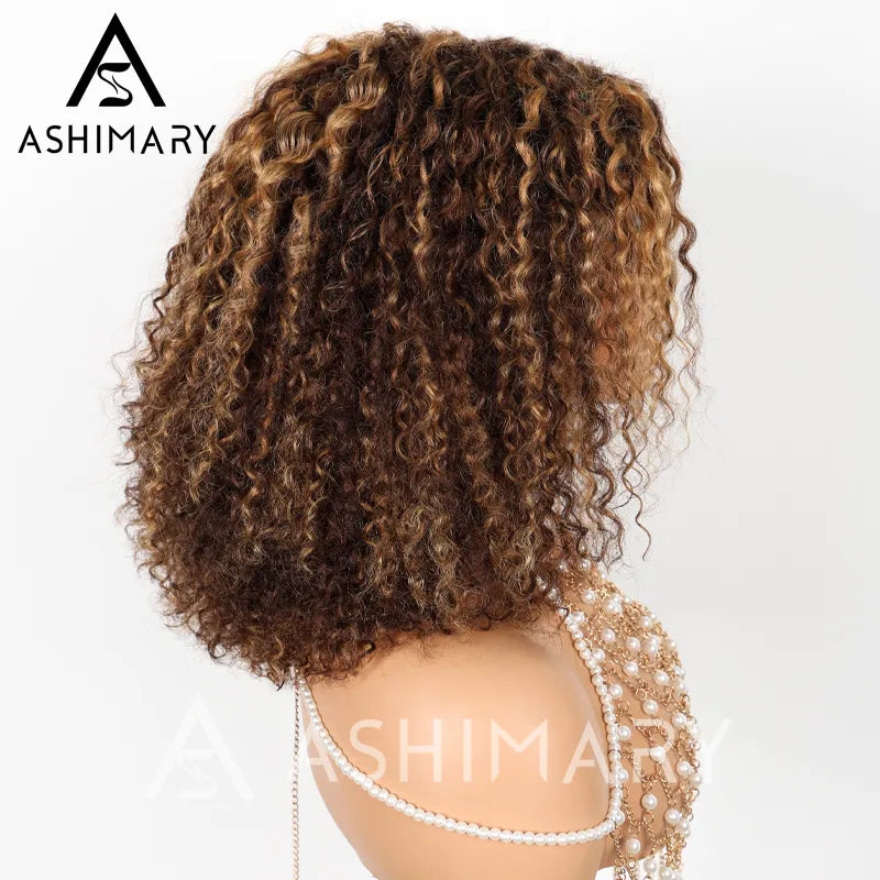 Highlight Color Pixie Curly Bob Ombre Honey Brown 5x5 Lace Closure Trendy Bouncy Curly Human Hair Wig - Image 7