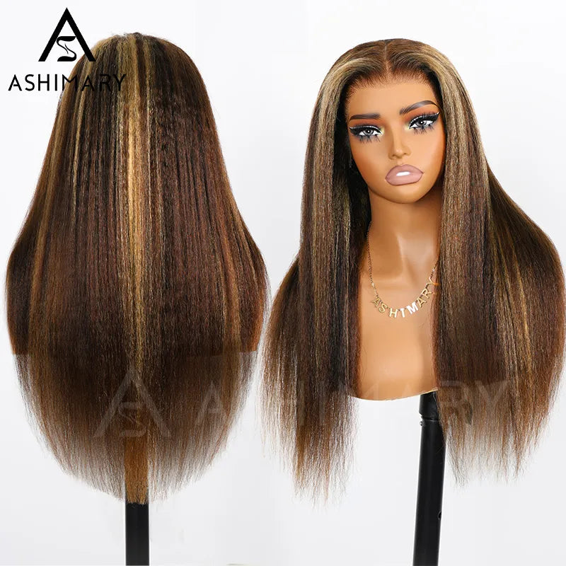 Ashimary 360 Invisi Strap Upgrade Glueless Highlight Brown Kinky Straight Lace Frontal Wig With Pre-Bleached Seamless Knots 4D Auto-Fit Cap - Image 11