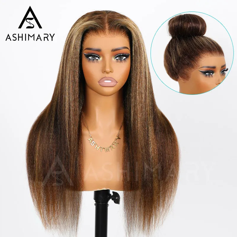 Ashimary 360 Invisi Strap Upgrade Glueless Highlight Brown Kinky Straight Lace Frontal Wig With Pre-Bleached Seamless Knots 4D Auto-Fit Cap - Image 13