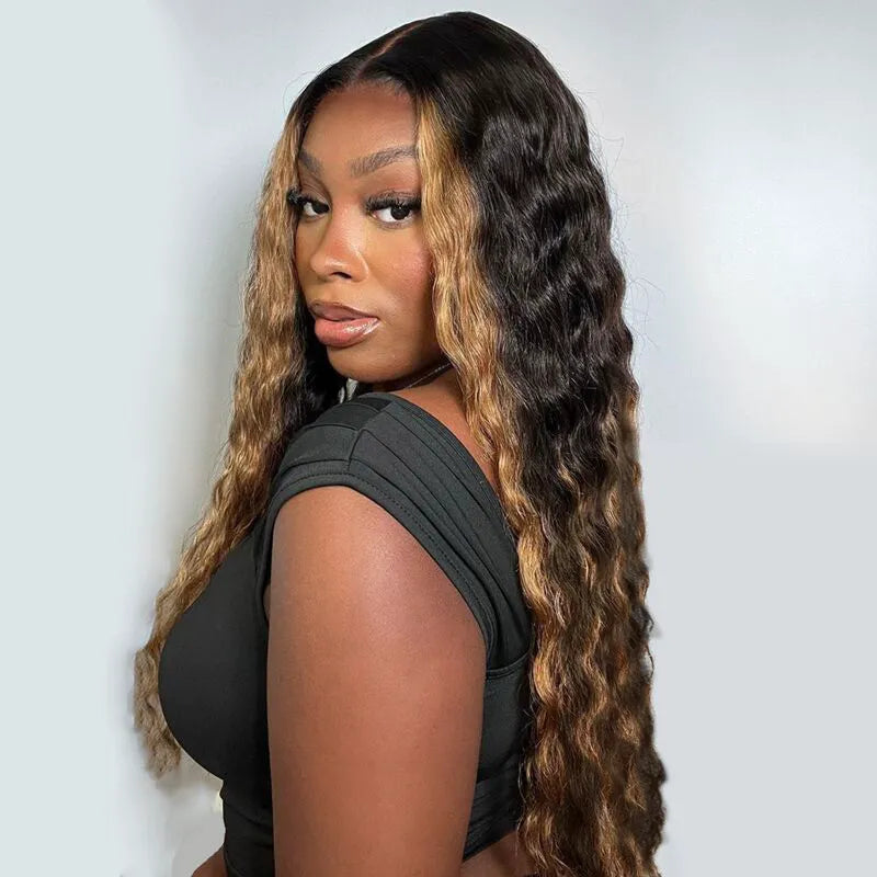 Honey Blonde Highlight with Skunk Stripe 13x4 Lace Frontal Volumized Loose Wave Human Hair Wig - Image 7