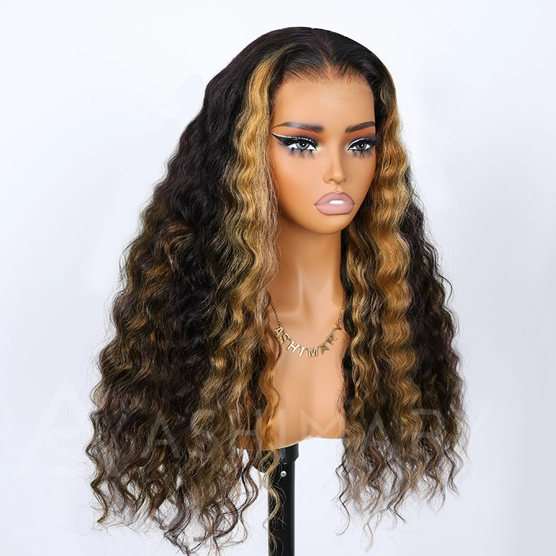 Honey Blonde Highlight with Skunk Stripe 13x4 Lace Frontal Volumized Loose Wave Human Hair Wig - Image 3
