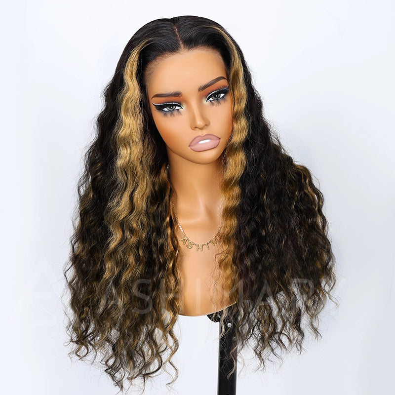Honey Blonde Highlight with Skunk Stripe 13x4 Lace Frontal Volumized Loose Wave Human Hair Wig - Image 4