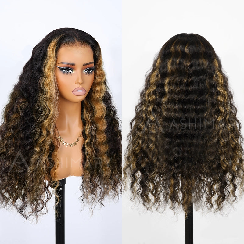 Honey Blonde Highlight with Skunk Stripe 13x4 Lace Frontal Volumized Loose Wave Human Hair Wig - Image 5