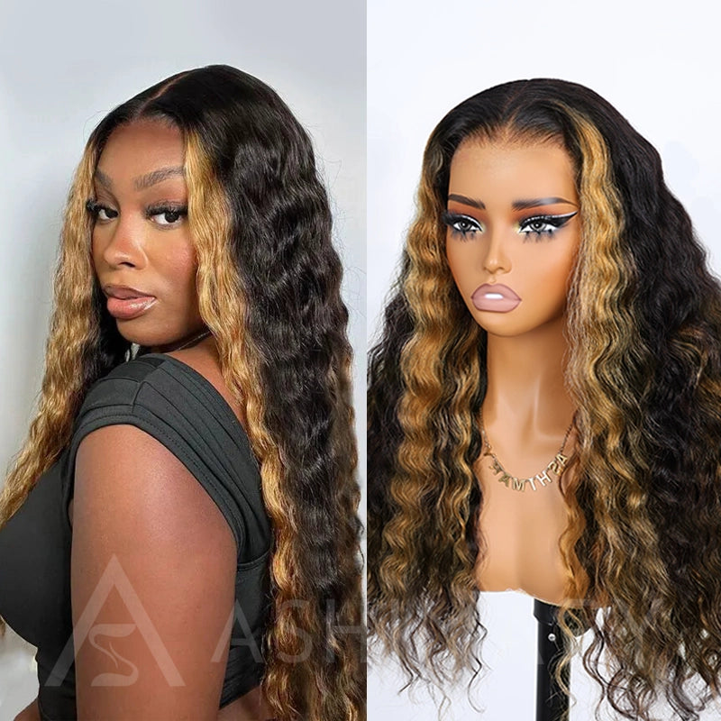 Honey Blonde Highlight with Skunk Stripe 13x4 Lace Frontal Volumized Loose Wave Human Hair Wig - Image 2