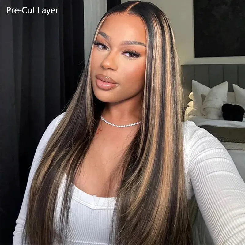 Ashimary Pull Go 13x6 Full Wig Honey Blonde Highlights on Black Hair Transparent Lace Frontal Pre Everything Glueless Human Hair Wig - Image 4