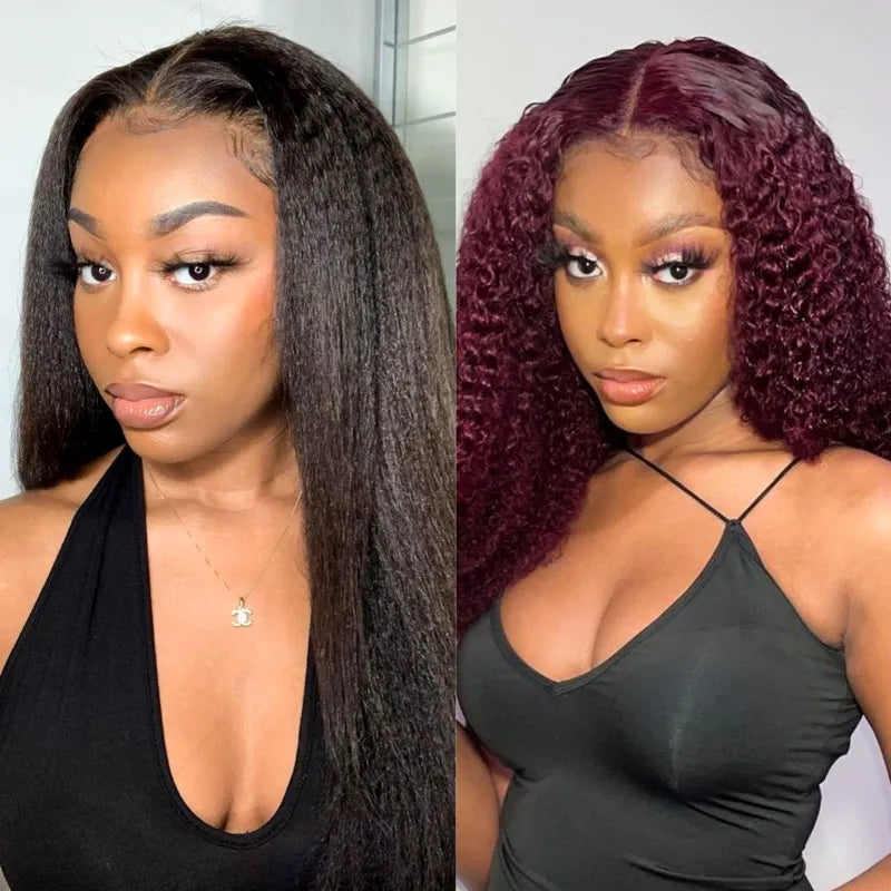 $1 for A WIG | 13x4 Lace Kinky Straight Wig + 4x4 Lace Deep Wave Burgundy Bob Wig
