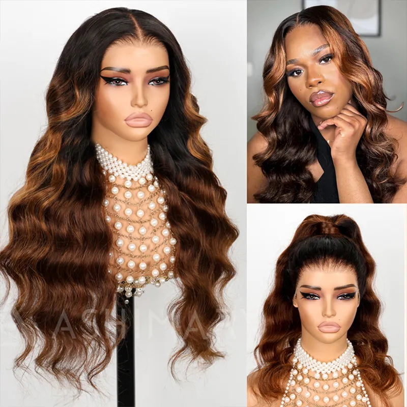 BOGO 360 Lace Frontal with Invisi Strap 3D Bouncy Body Wave Black Ombre Brown Highlight Pre Plucked Wig - Image 2