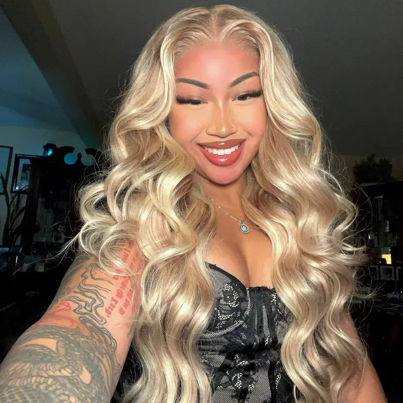 Flash Sale Customized Blonde on Brown Hair 13x6 Full Lace Frontal Wig Long Length Bouncy Body Wave Human Hair Wig - Image 2