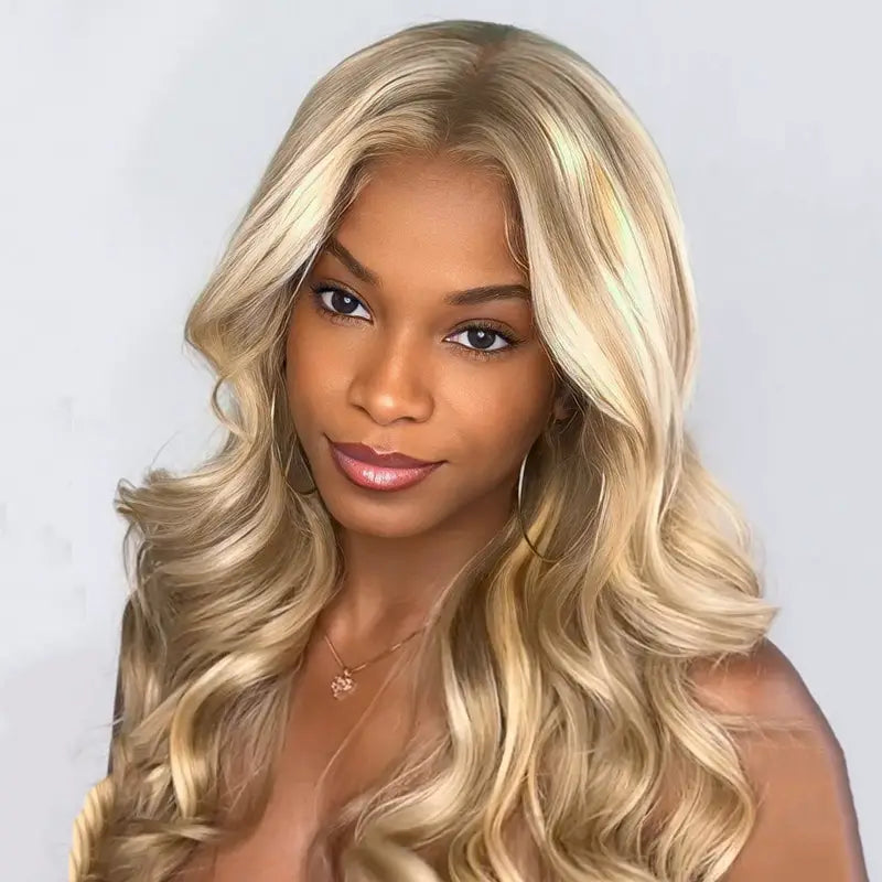 Flash Sale Customized Blonde on Brown Hair 13x6 Full Lace Frontal Wig Long Length Bouncy Body Wave Human Hair Wig - Image 4
