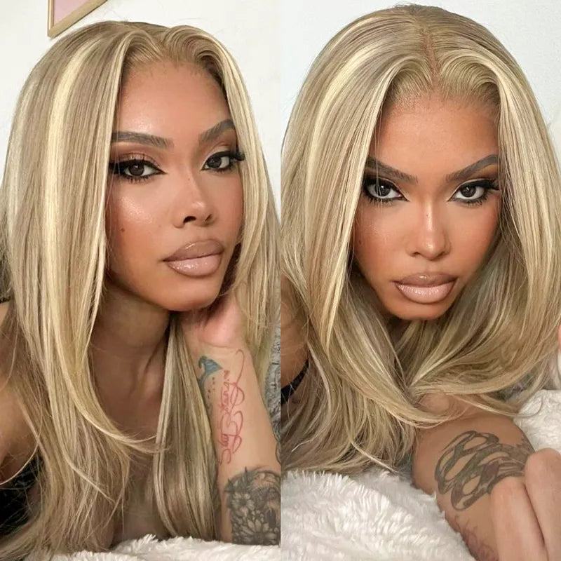 Layered Cut Customized Blonde Balayage on Brown Hair 13x4 Transparent Lace Front Straight Wig 100% Human Hair - Image 4