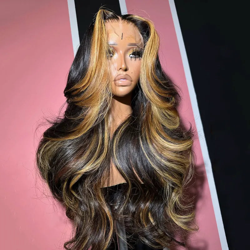 Layered Cut Salon Hairstyles Highlight Color Body Wave 13x4 Transparent Lace Front Wig Curtain Bangs 100% Human Hair - Image 5