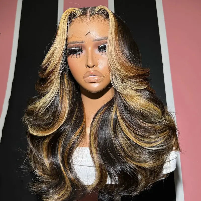 Layered Cut Salon Hairstyles Highlight Color Body Wave 13x4 Transparent Lace Front Wig Curtain Bangs 100% Human Hair - Image 3