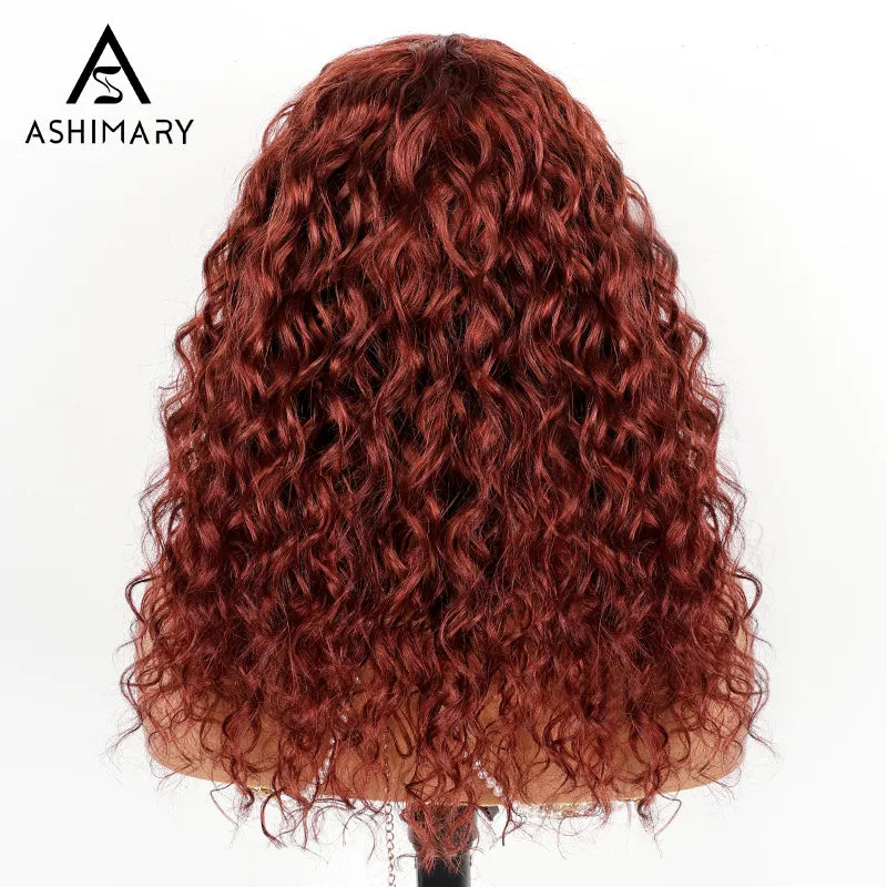 Reddish Brown Curly Wig with Full Bangs Machine Made Cost-effective Human Hair Wig 250% Density - Image 8
