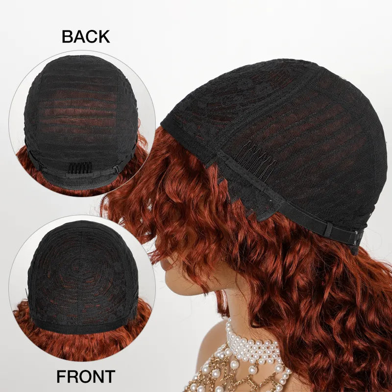 Reddish Brown Curly Wig with Full Bangs Machine Made Cost-effective Human Hair Wig 250% Density - Image 10