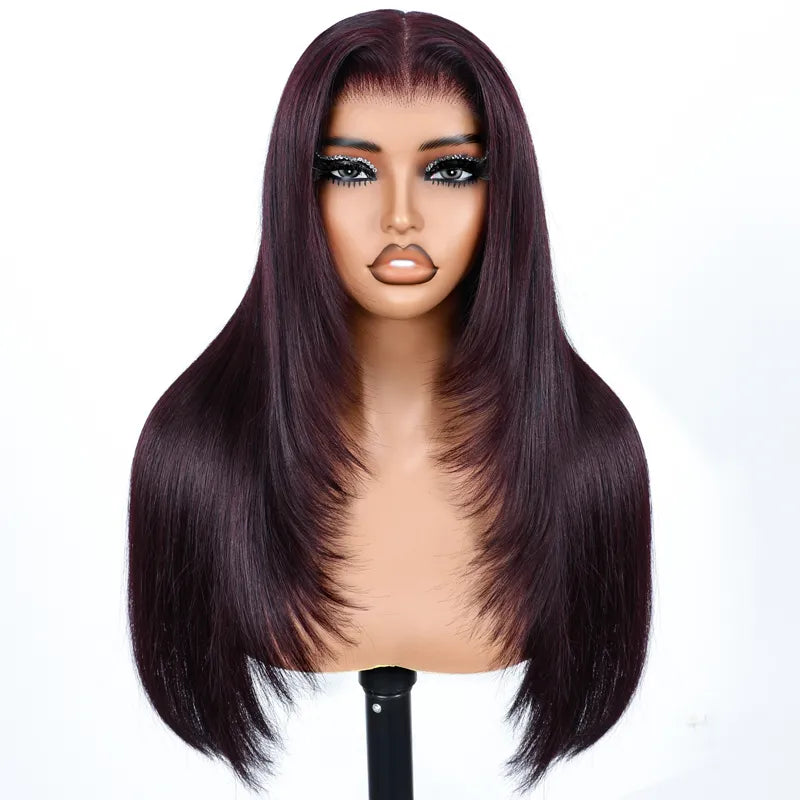 Dark Plum Color Straight Glueless Invisi Strap 360 Lace Frontal Wigs Tight & Neat Pre-Cut layered Optional - Image 9