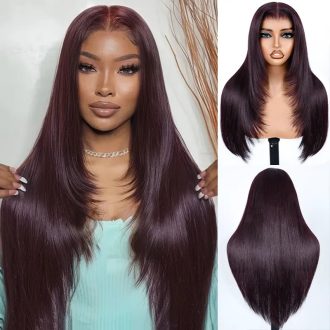 Dark Plum Color Straight Glueless Invisi Strap 360 Lace Frontal Wigs Tight & Neat Pre-Cut layered Optional