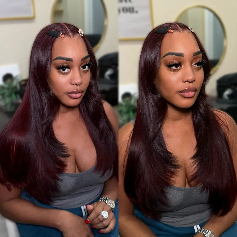 Dark Plum Color Straight Glueless Invisi Strap 360 Lace Frontal Wigs Tight & Neat Pre-Cut layered Optional - Image 3