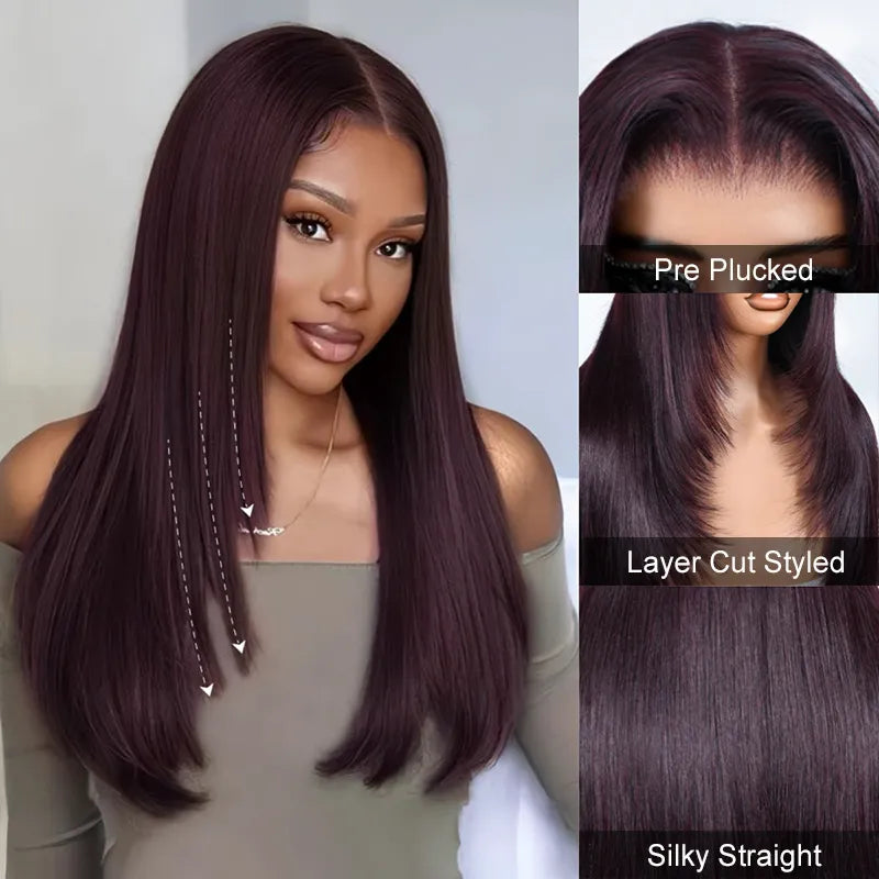 Dark Plum Color Straight Glueless Invisi Strap 360 Lace Frontal Wigs Tight & Neat Pre-Cut layered Optional - Image 2