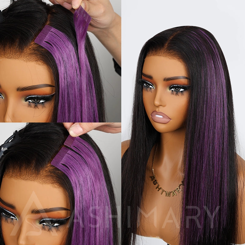 Peel & Tape Reusable Purple Peekaboo Balayage Highlight Human Hair Extension Long Silky Straight Hair Easy Tape Ins 10Pcs/25g