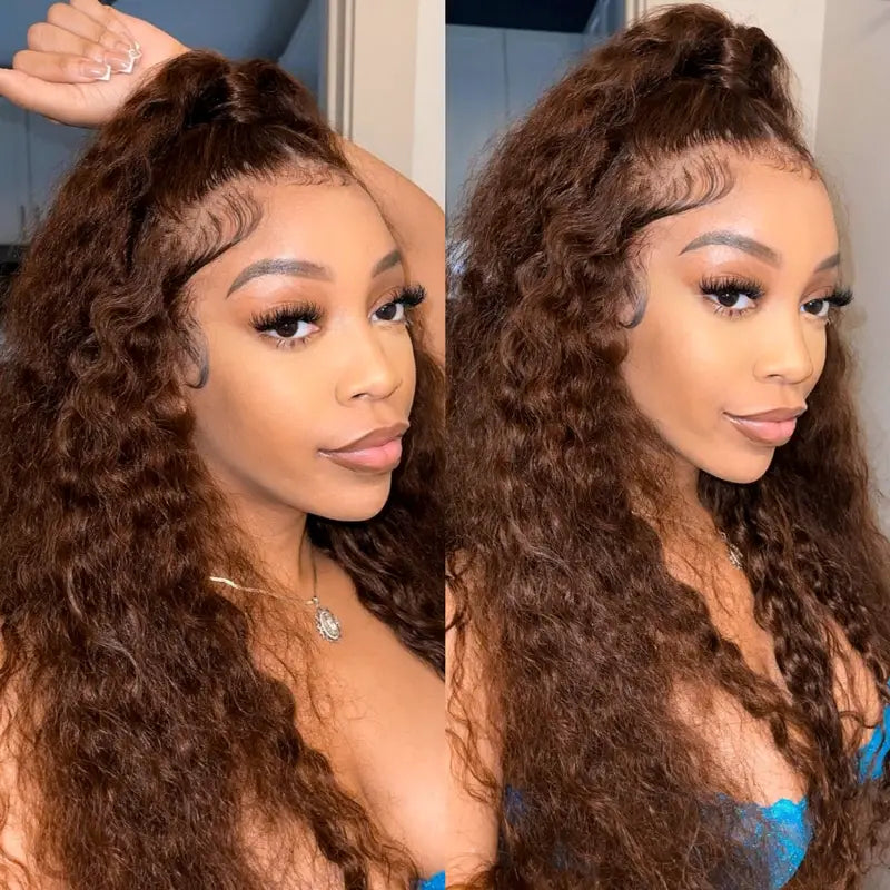 Chocolate Brown Water Wave Invisi Strap Snug Fit 360 Melting Lace Frontal Bleached Knots Glueless Lace Wig - Image 19