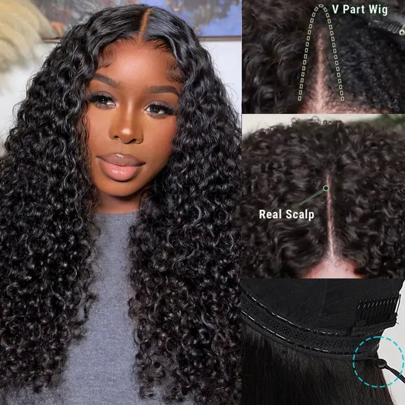 Pull Go Wig | 10A Glueless V Part Wig Beginner Friendly Natural Scalp Thick Curl Human Hair Upgrade U part Wig - Image 2