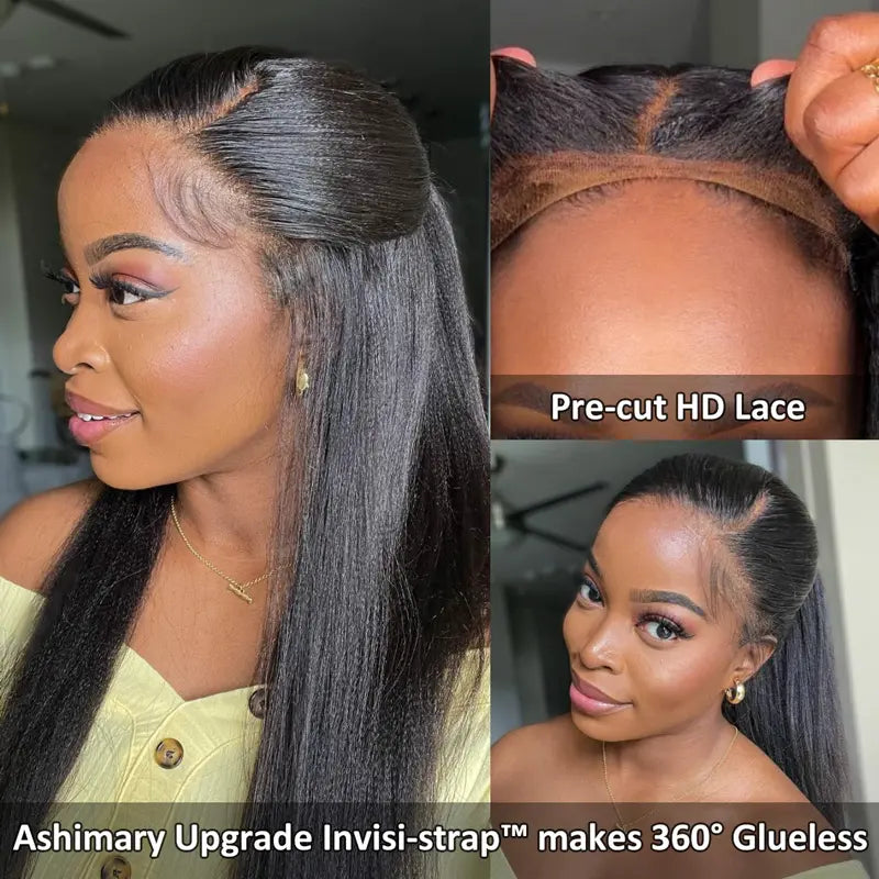 Light Yaki Straight Invisi Strap Snug Fit 360 Transparent Lace Frontal Bleached Knots Pre Cut Lace Wig Natural Color - Image 5