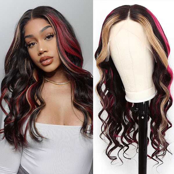 Ashimary burgundy hair with blonde highlights 13x4 HD Transparent lace wigs online for sale