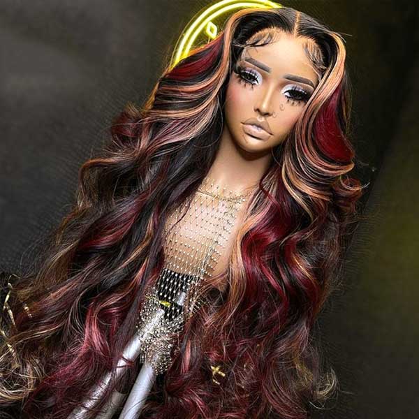 Ashimary burgundy hair with blonde highlights 13x4 HD Transparent lace wigs online for sale - Image 9