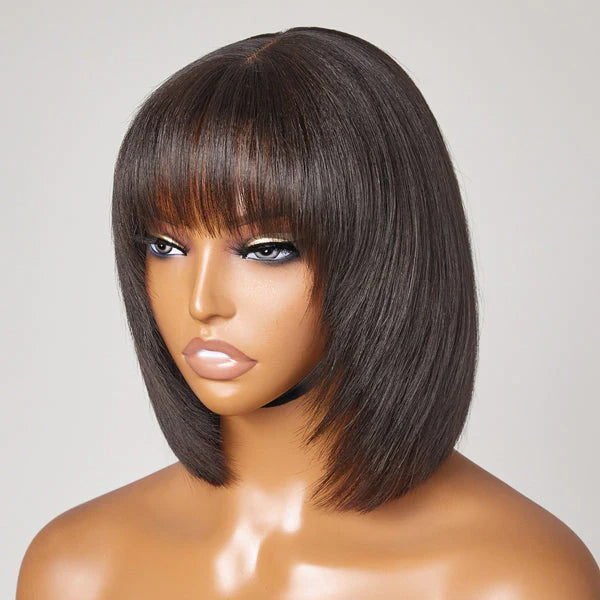 Flash Sale Realistic Look Pull Go Glueless Bob Wig With Bangs Human Hair Wig - Image 6