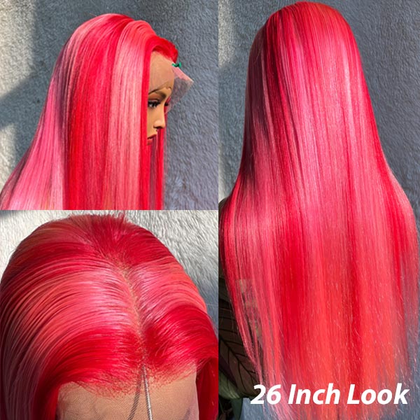 Pink Highlight Straight Hair Pull Go 13x4 Transparent Lace Frontal Wigs Human Hair - Image 2