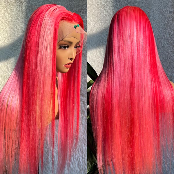 Pink Highlight Straight Hair Pull Go 13x4 Transparent Lace Frontal Wigs Human Hair - Image 3
