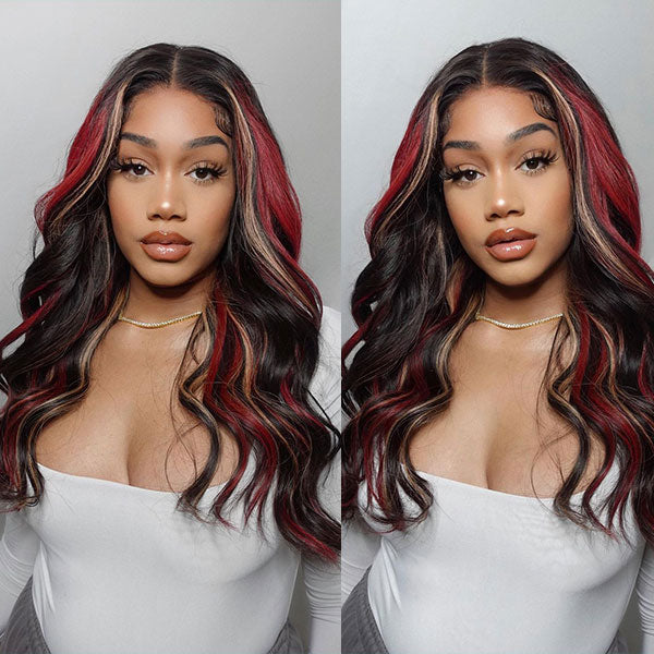Ashimary burgundy hair with blonde highlights 13x4 HD Transparent lace wigs online for sale - Image 2