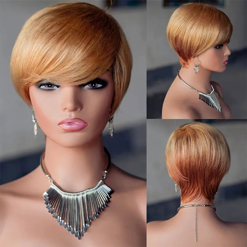 Pixie Cut Short Hair Blonde Ombre Human Hair With Bangs Straight Layered Wigs No Lace Bob Style - Image 6