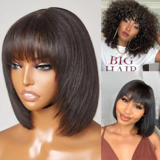 Flash Sale Realistic Look Pull Go Glueless Bob Wig With Bangs Human Hair Wig