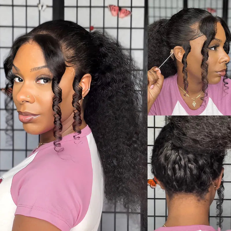 Pre-Styled Water Wave Ponytail with Spiral Curls Invisi Strap Snug Fit 360 Skin Lace Frontal Bleached Knots Glueless Wig