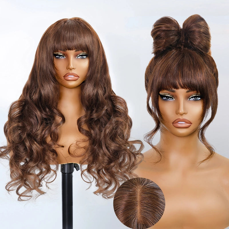 Body Wave Pre-Cut Layer With Bangs Pull Go 3x1 Lace Brown Wig True Scalp Glueless Pre-Styled Wig - Image 3