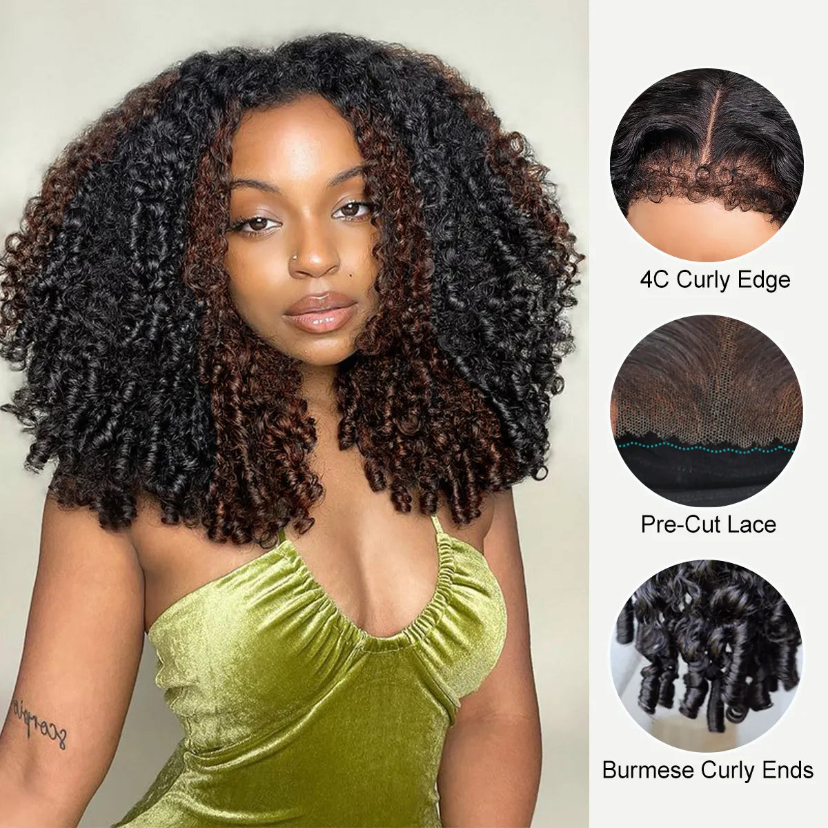 Brown Highlight Burmese Curly Glueless 13x6 Full Pull Go Lace Front Pre-Everything Human Hair Wig - Image 8