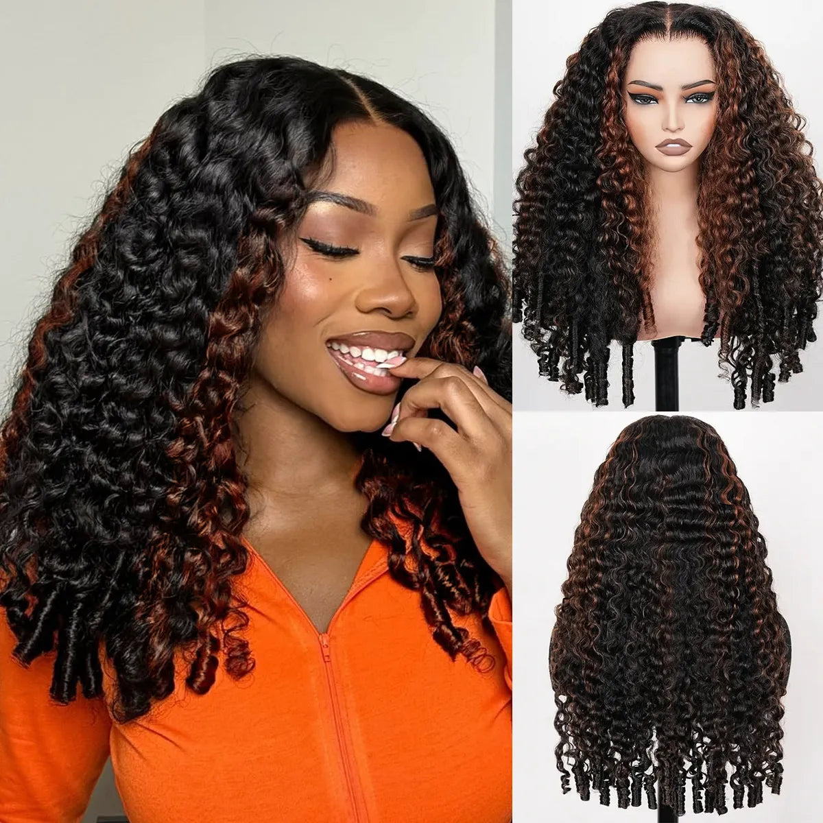 Brown Highlight Burmese Curly Glueless 13x6 Full Pull Go Lace Front Pre-Everything Human Hair Wig - Image 4