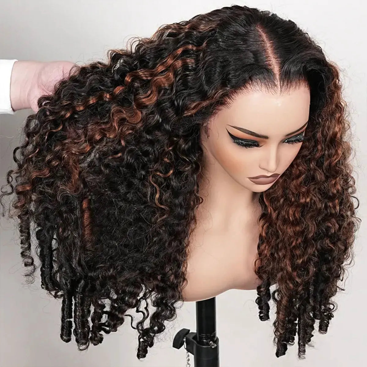 Brown Highlight Burmese Curly Glueless 13x6 Full Pull Go Lace Front Pre-Everything Human Hair Wig - Image 9