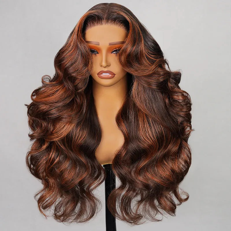 Pull Go 13x4 Lace Wig Brown with Ginger Highlights Body Wave Transparent Lace Frontal Human Hair Wig - Image 4