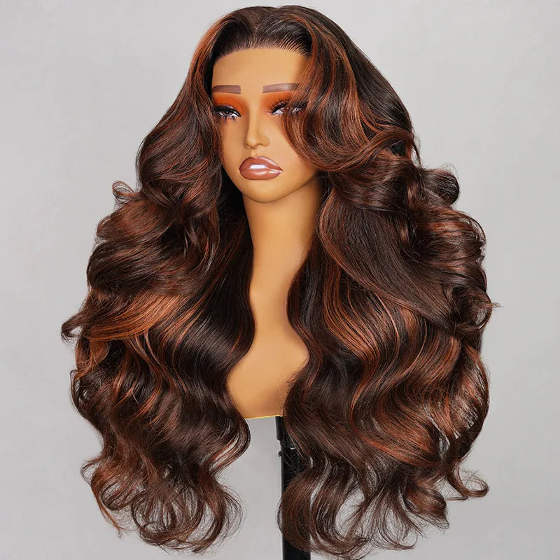 Pull Go 13x4 Lace Wig Brown with Ginger Highlights Body Wave Transparent Lace Frontal Human Hair Wig - Image 9