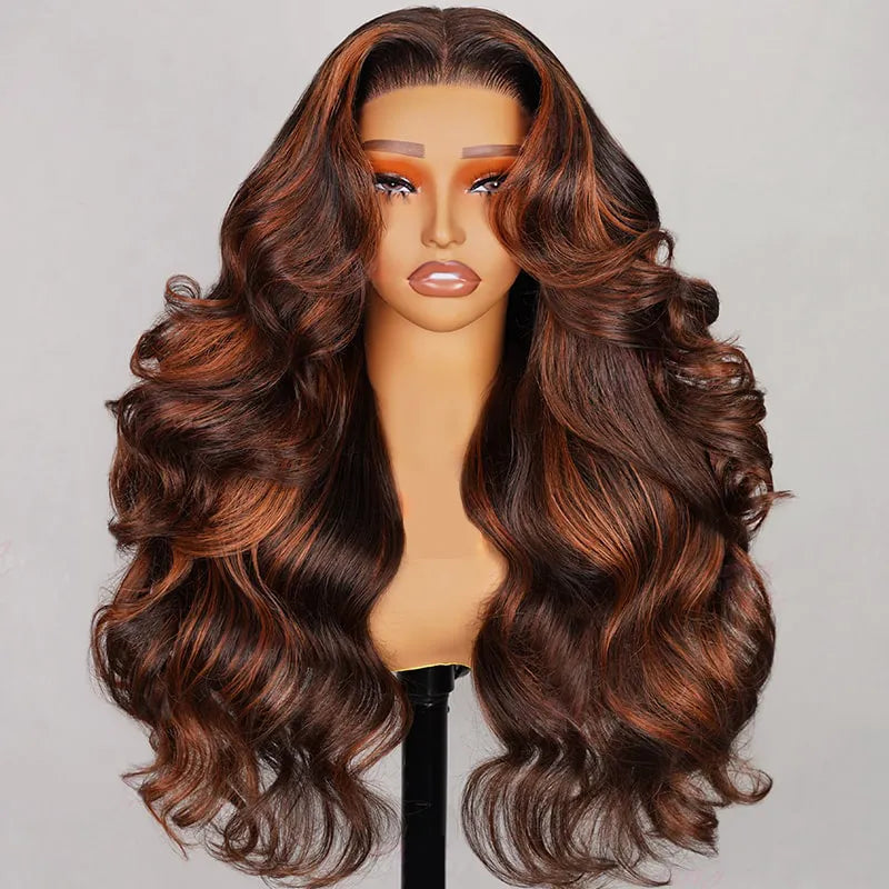 Pull Go 13x4 Lace Wig Brown with Ginger Highlights Body Wave Transparent Lace Frontal Human Hair Wig - Image 8
