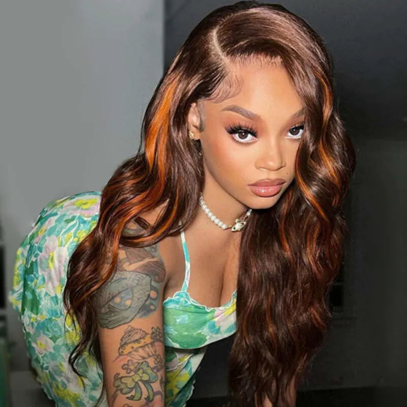 Pull Go 13x4 Lace Wig Brown with Ginger Highlights Body Wave Transparent Lace Frontal Human Hair Wig - Image 2