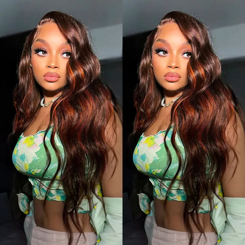 Pull Go 13x4 Lace Wig Brown with Ginger Highlights Body Wave Transparent Lace Frontal Human Hair Wig - Image 3