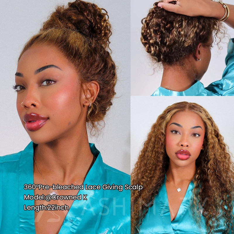 Water Wave Highlight Ombre Color Invisi Strap Snug Fit 360 Skin Lace Frontal Wig Glueless Human Hair - Image 3