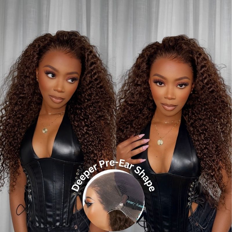 Chocolate Brown Water Wave Invisi Strap Snug Fit 360 Melting Lace Frontal Bleached Knots Glueless Lace Wig - Image 14