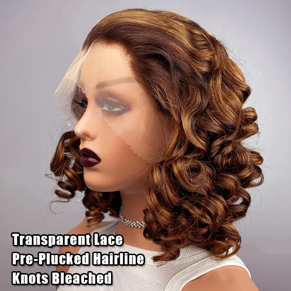 Egg Roll Bob Curly Highlight 5x5 13x4 Transparent Lace Frontal Wigs Human Hair - Image 3